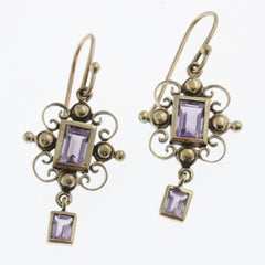 Amethyst yellow gold rectangle detail drop vintage style earrings